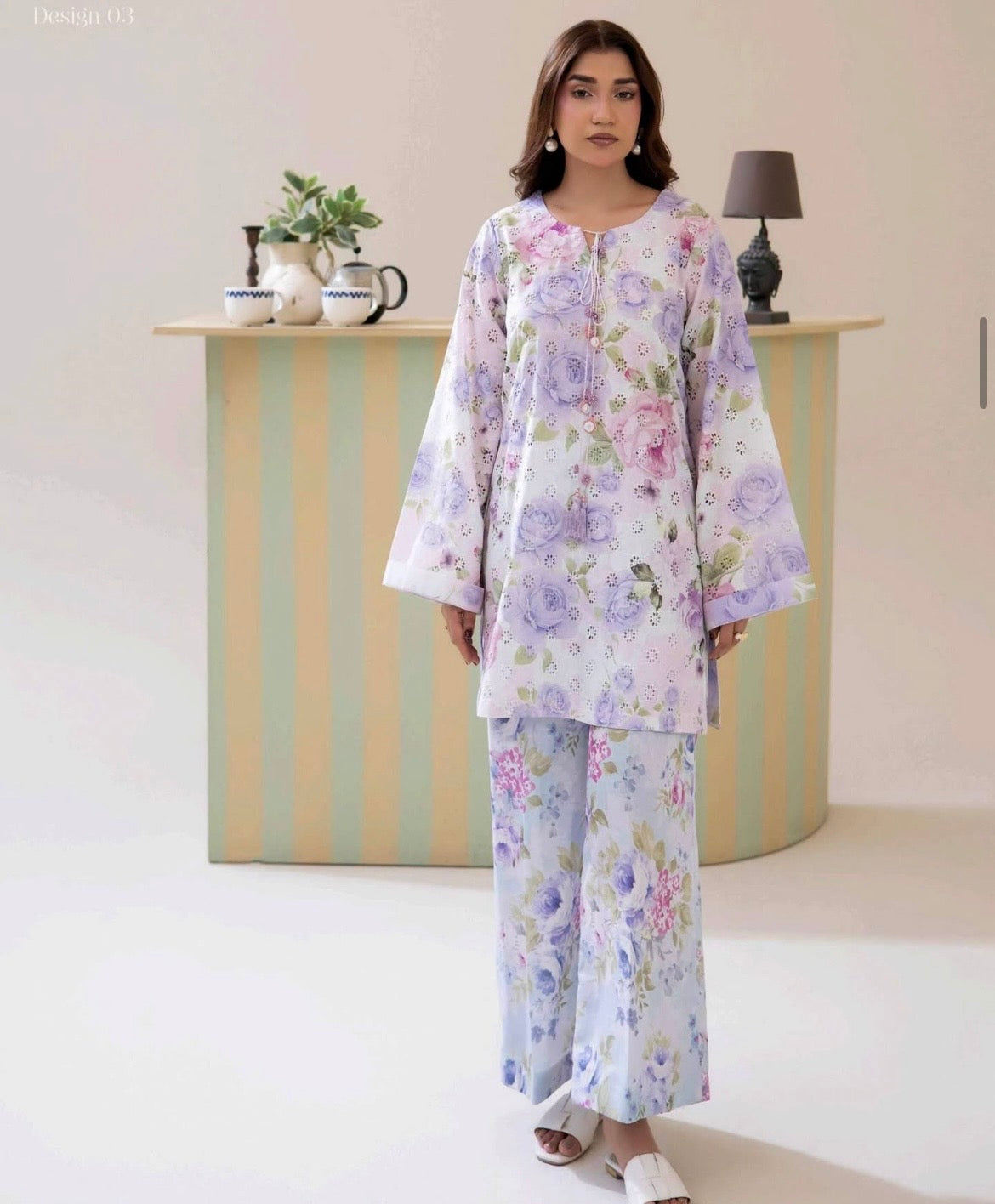 (38) Adan’s schiffli floral chickankari printed voil lawn shirt lawn trousers co ord set