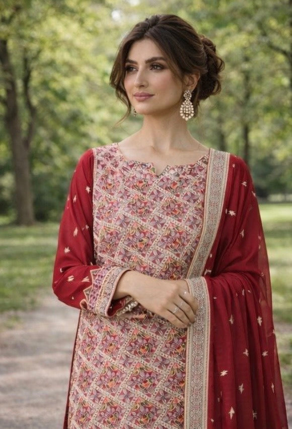 (360) Elegant red fancy zari lawn suit, ready-to-wear, beautifully crafted with intricate detailing and paired with a four-sided (chaar patti) richly embroidered dupatta for a complete graceful look.