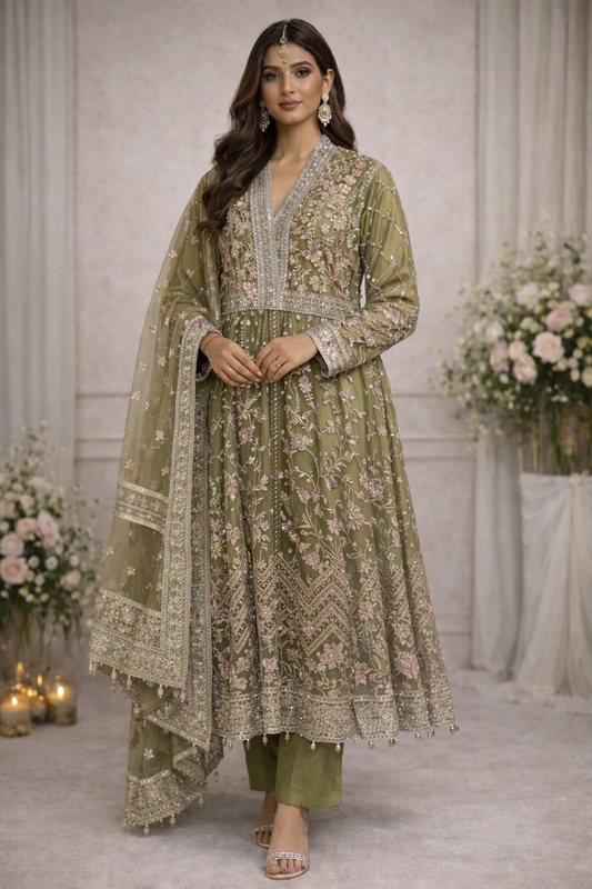 (264) Aadnan Libas–inspired organza long Anarkali dress with sequin, thread, and pearl embroidery, paired with a matching organza dupatta – ready to wear.