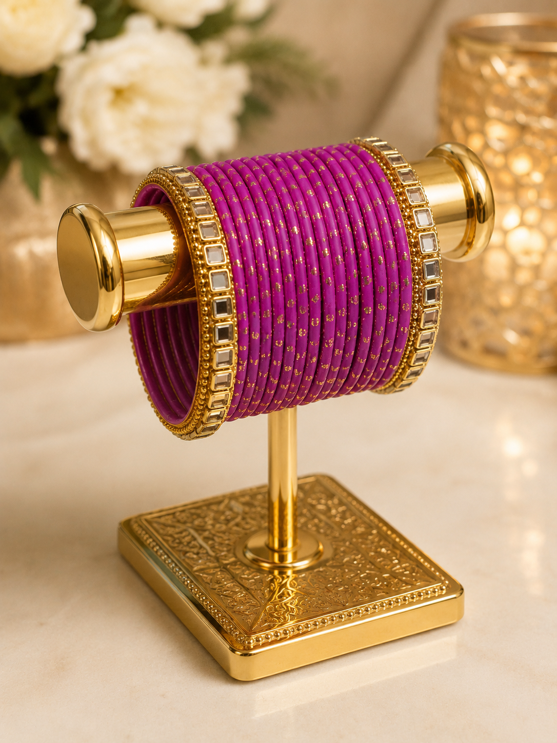 (B10) Elegant fuchsia pink bangles with delicate gold detailing and sparkling statement borders size 2.6