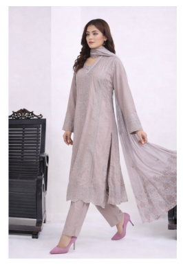 (346) Beige Chikankari Viscose Suit | Sequin Embroidery | Ready to Wear