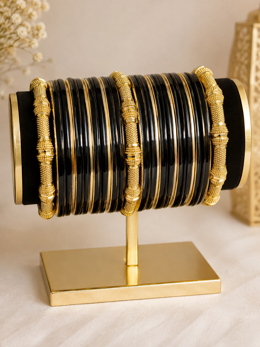 (B24) A stunning combination of glossy black bangles with delicate gold detailing and beautifully textured statement pieces. Elegant, timeless and perfect traditional outfits size 2.6