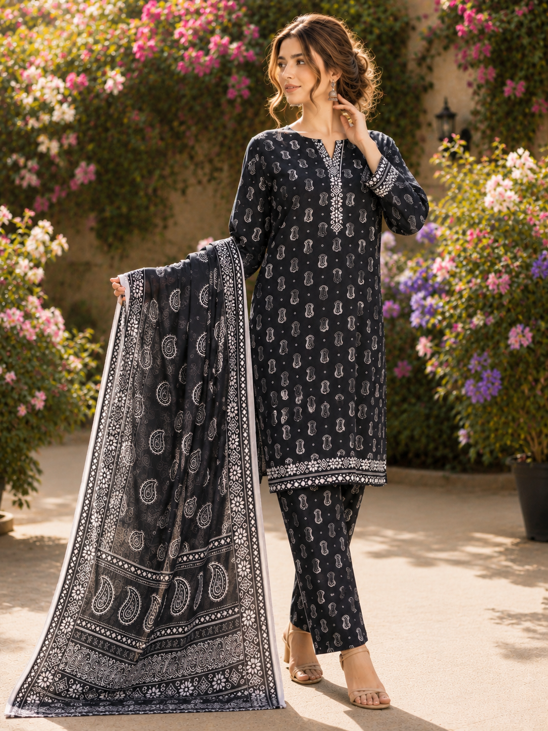 Bin saeed Lawn Suit paisley Print & Contrast Dupatta ready to wear
