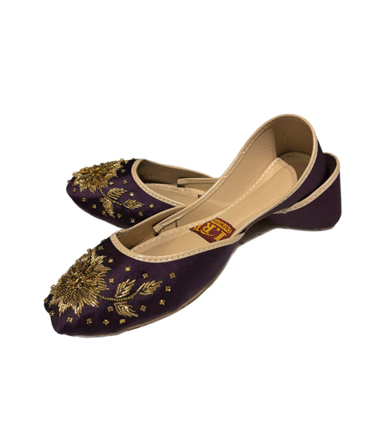 S5) hand made satin purple Khussa gold embroidered soft foam non slip Punjabi jutti