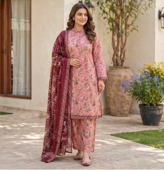 (117) Bin Saeed Lawn Suit | Floral Print & Contrast Dupatta