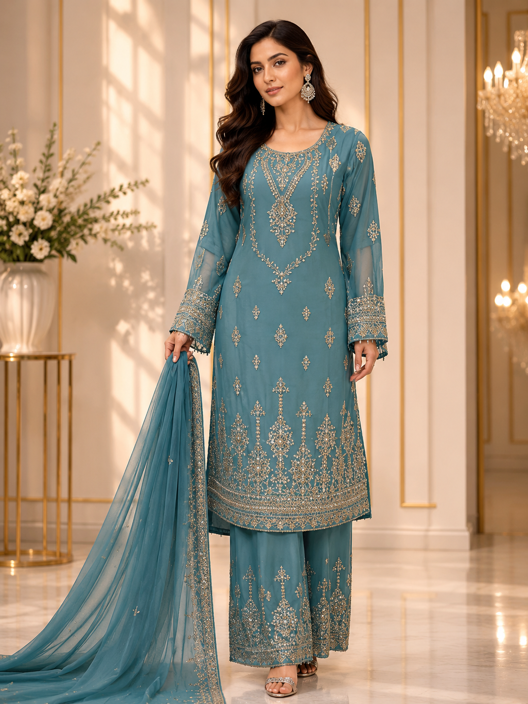 (285) Elegant Chiffon Palazzo Suit | Pearl & Diamante Gold Embroidery