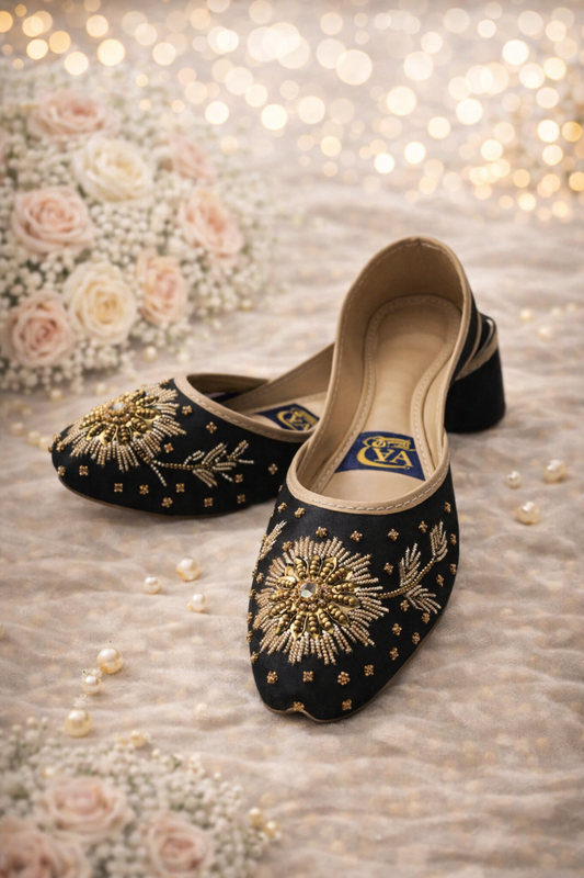 (S17) Handmade Satin Khusa – Gold Embroidered Punjabi Jutti with Soft Foam Comfort