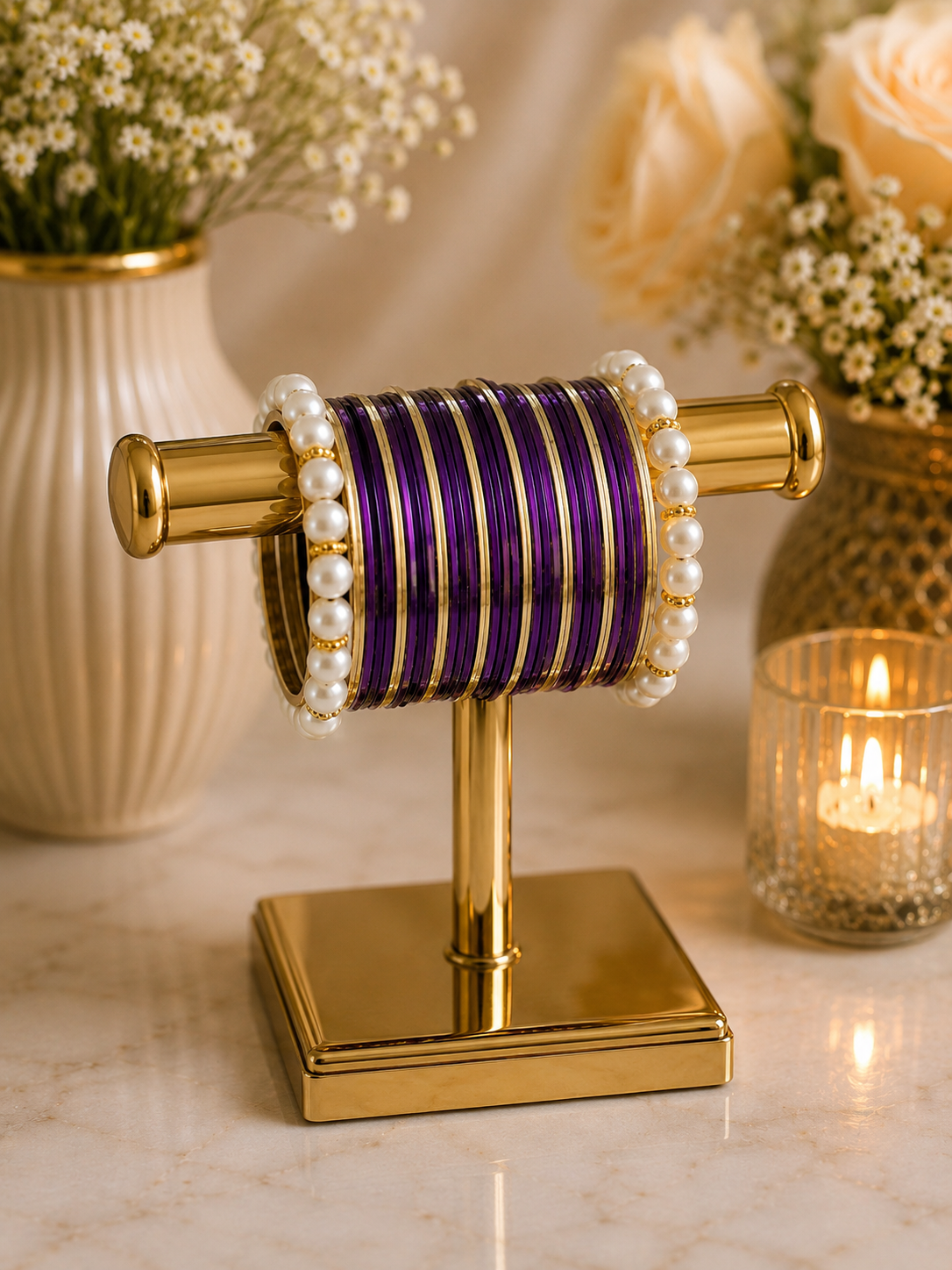 (B9) Elegant purple and gold bangle set featuring delicate pearl detailing for a luxurious finish. Perfect for weddings, Eid, parties and special occasions, adding a beautiful touch of traditional glamour to any outfit size 2.4