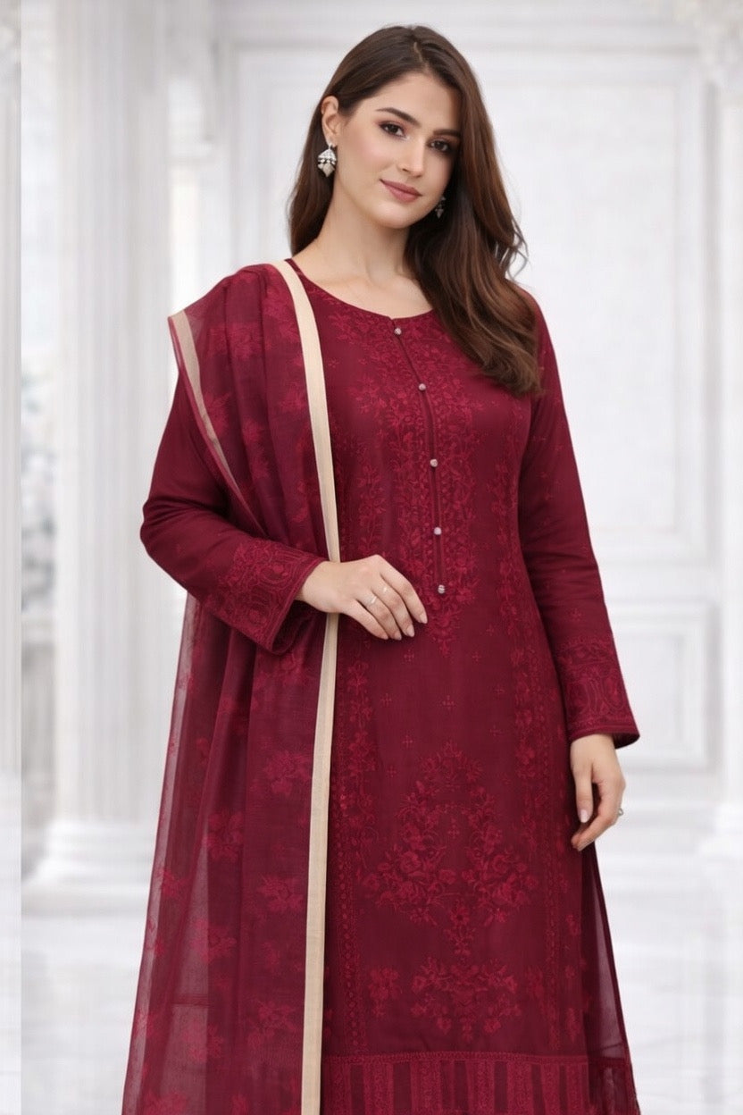 (350) Maroon Chikankari Viscose Suit | Sequin Embroidery | Ready to Wear