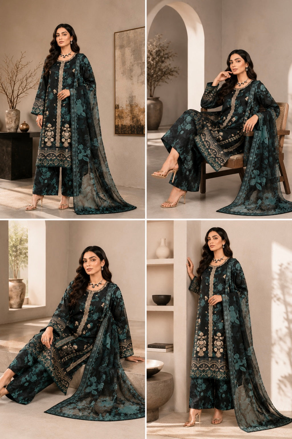 (213) Elegant Floral Lawn Suit | Gold Thread & Sequin Embroidery