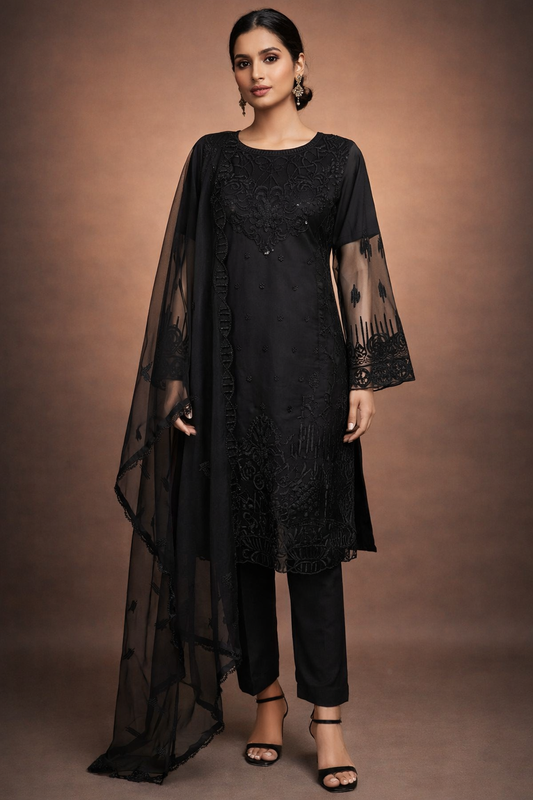 (222) Pakistani Organza Frock Sequined Thread Embroidered Ready Made Suit