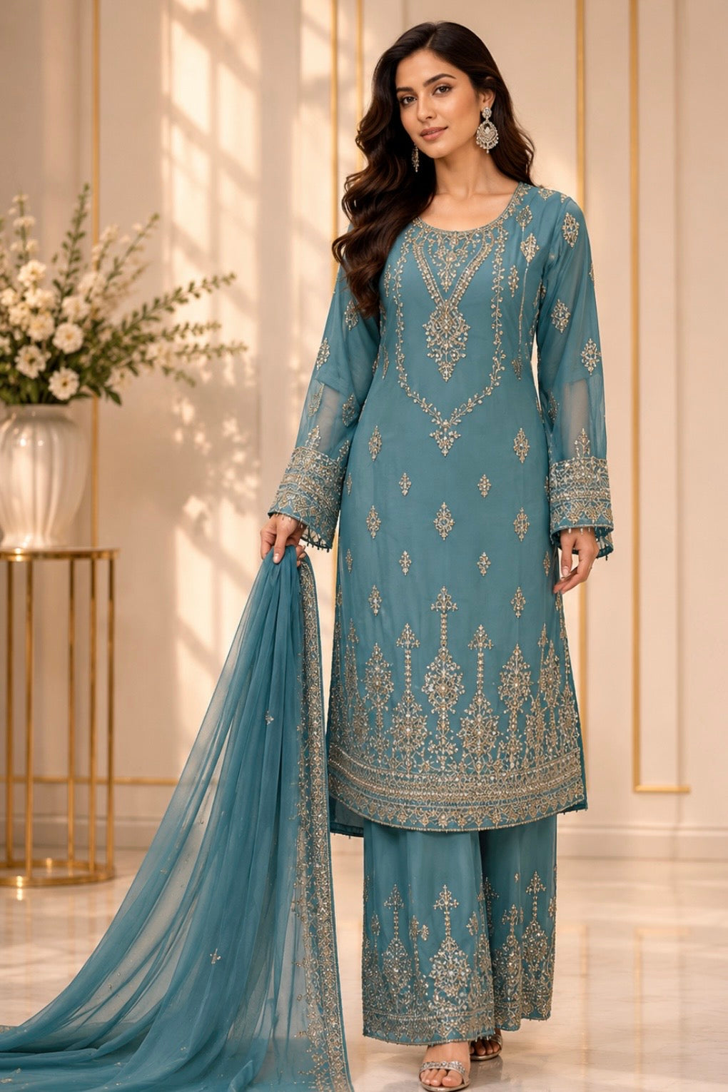 (285) Elegant Chiffon Palazzo Suit | Pearl & Diamante Gold Embroidery