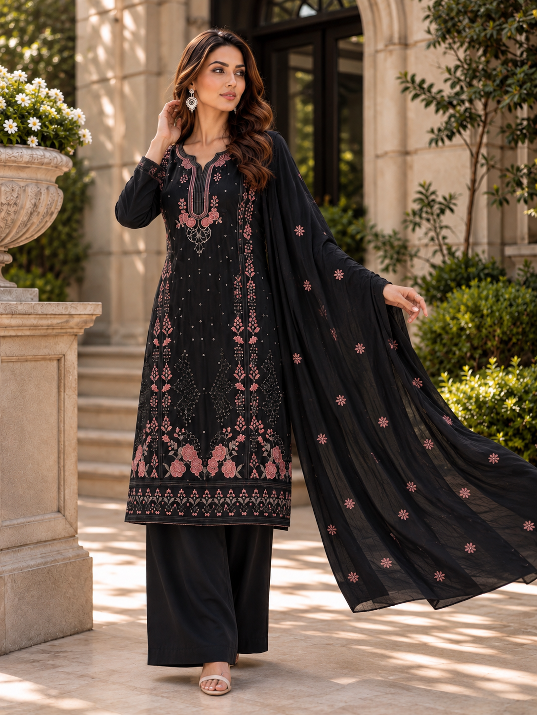 (358) Abeeha black suit features a soft, comfortable viscose kameez beautifully finished with delicate floral embroidery. Paired with coordinating trousers and a stunning lightweight Bamber dupatta, it’s the perfect