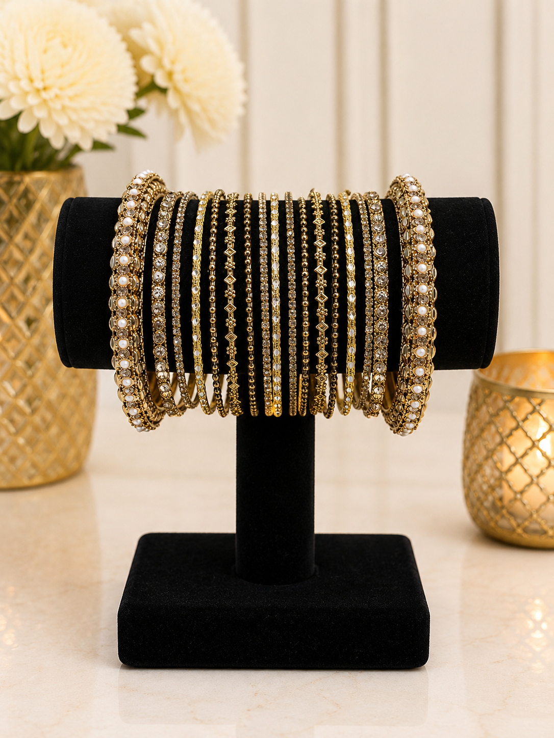 (B19) Elegant gold bangle set featuring intricate detailing, sparkling stonework and delicate pearl accents. A luxurious statement set, perfect for weddings, Eid, parties and special occasions size 2.8