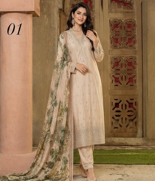 (352) Linen Sequin Embroidered Suit with Digital Dupatta – Ready to Wear