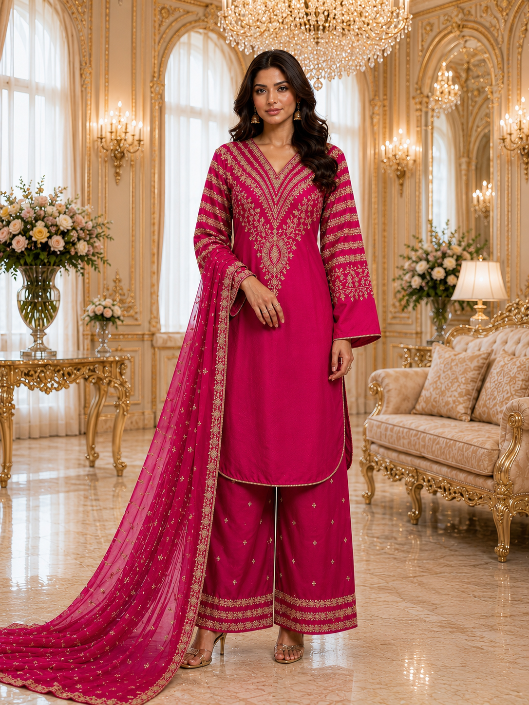 (295) Shocking Pink Viscose Palazzo Suit | Gold Thread & Sequin Work