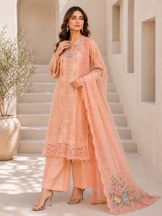 (133) Maria b chiffons inspired lace beaded diamonte neck floral chiffon kameez chiffon duppatta ready to wear