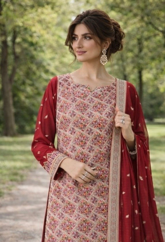 (360) Elegant red fancy zari lawn suit, ready-to-wear, beautifully crafted with intricate detailing and paired with a four-sided (chaar patti) richly embroidered dupatta for a complete graceful look.