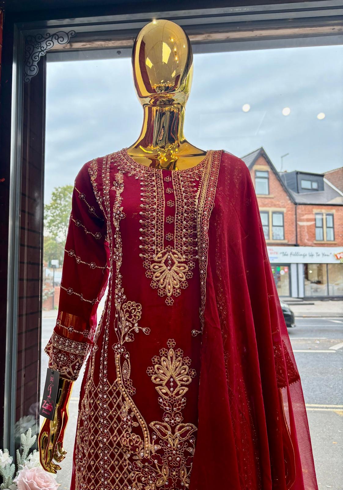 (124) Luxury Zaib Red Embroidered Chiffon 3-Piece Pakistani Occasion Suit