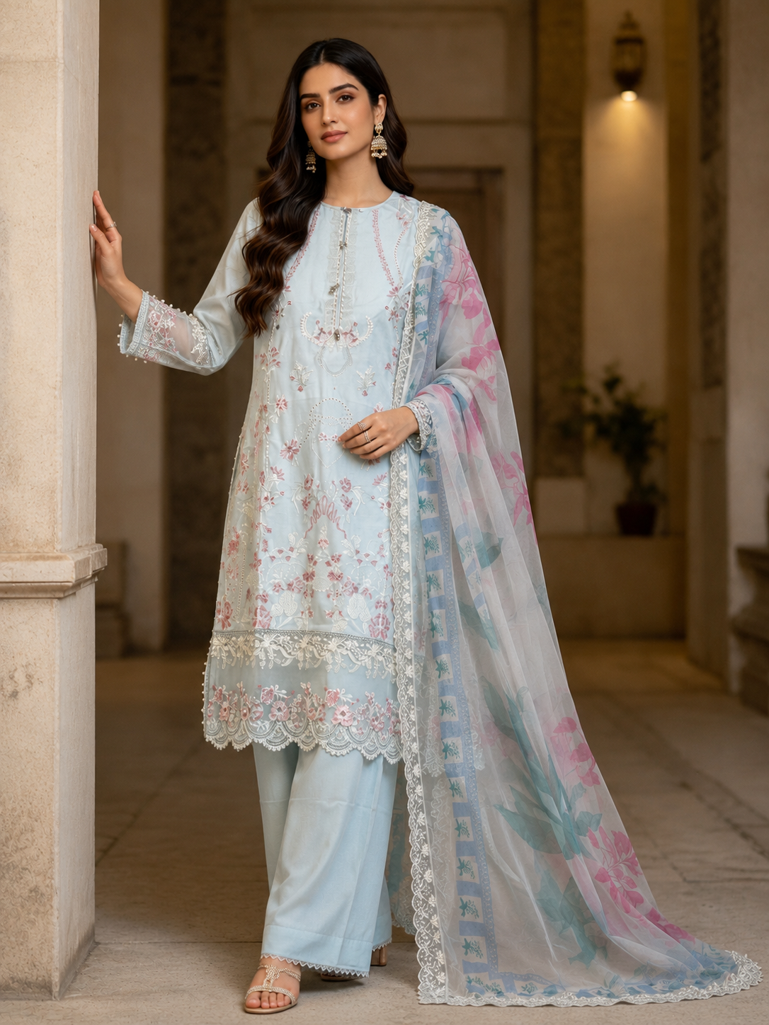 (6) Imrozia Rangreza pret lawn elegant pastel coloured lace thread cutwork embroidered park embellishment sleeves plazzo trousers chiffon duppatta ready to wear