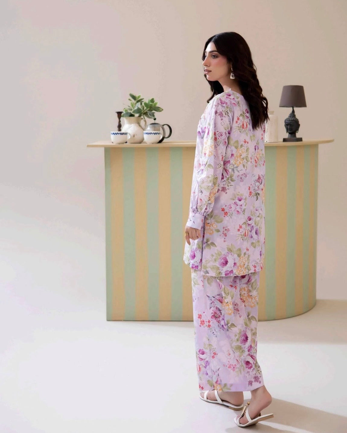 (34) Adan’s schiffli floral chickankari printed voil lawn shirt lawn trousers co ord set