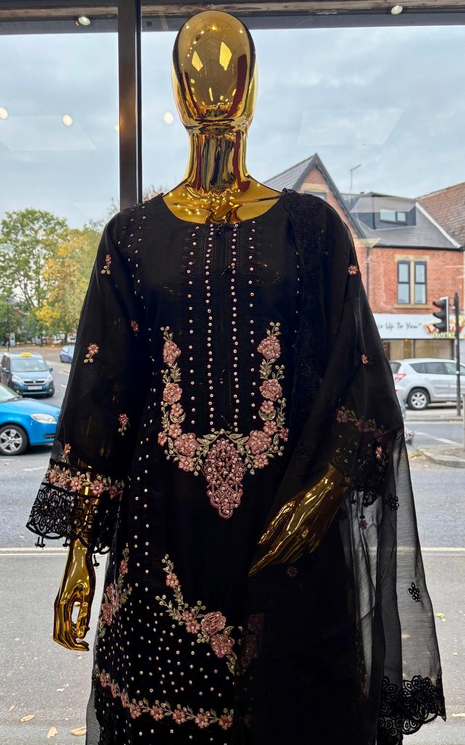 (09) Pakistani occasional embroidered diamonte chiffon ready to wear suit