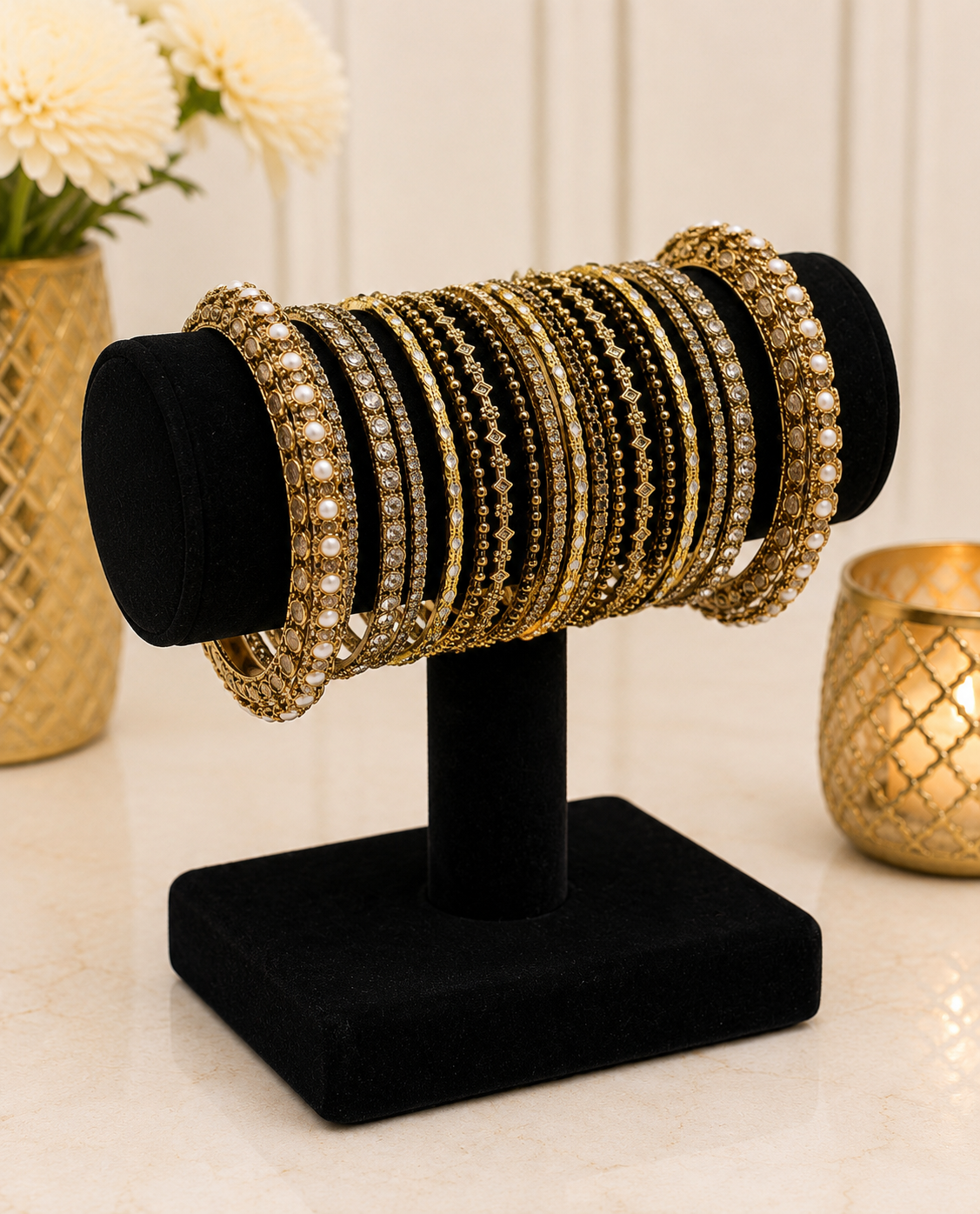 (B19) Elegant gold bangle set featuring intricate detailing, sparkling stonework and delicate pearl accents. A luxurious statement set, perfect for weddings, Eid, parties and special occasions size 2.8