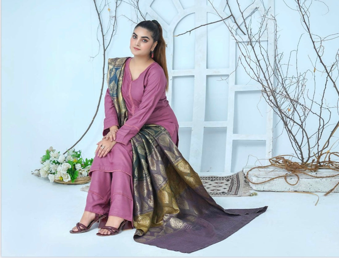 (142) Pakistani Dhanak autumn winter contrast shawl ready to wear suit