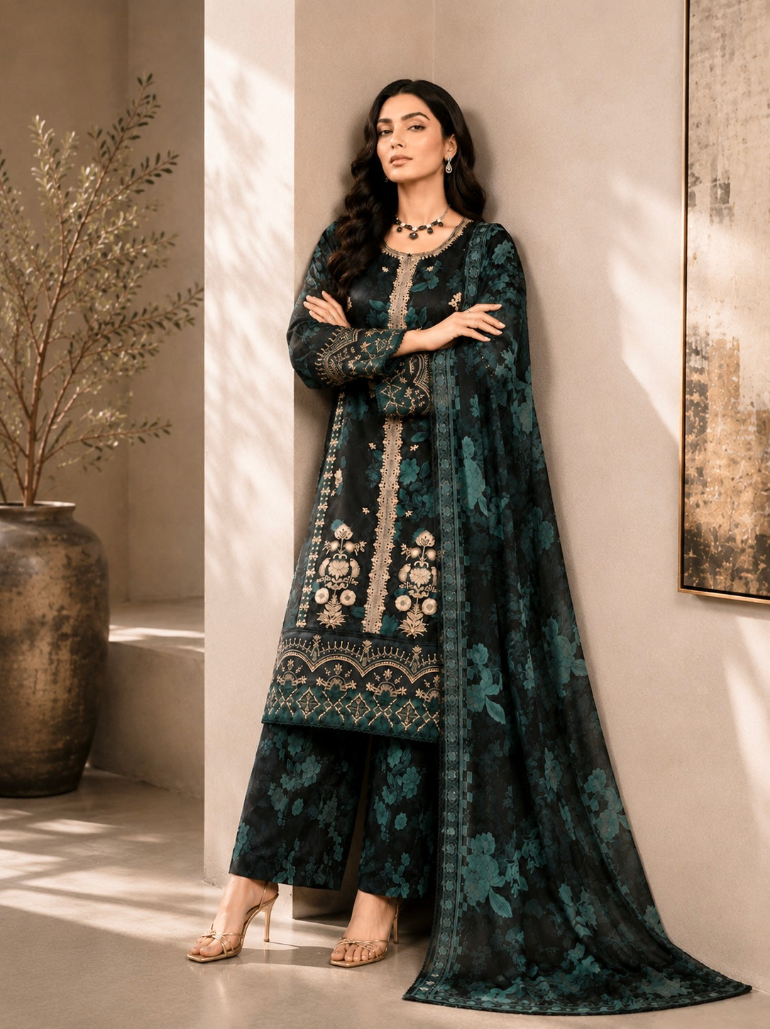 (213) Elegant Floral Lawn Suit | Gold Thread & Sequin Embroidery