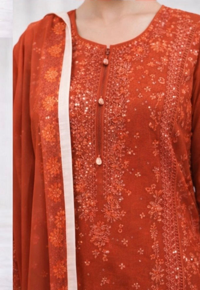 (354) Orange Chikankari Viscose Suit | Sequin Embroidery | Ready to Wear