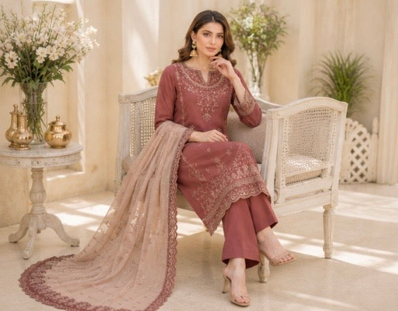 (175) Tawakkal Embroidered Sequin Silky Lawn Suit with Khaddi Dupatta