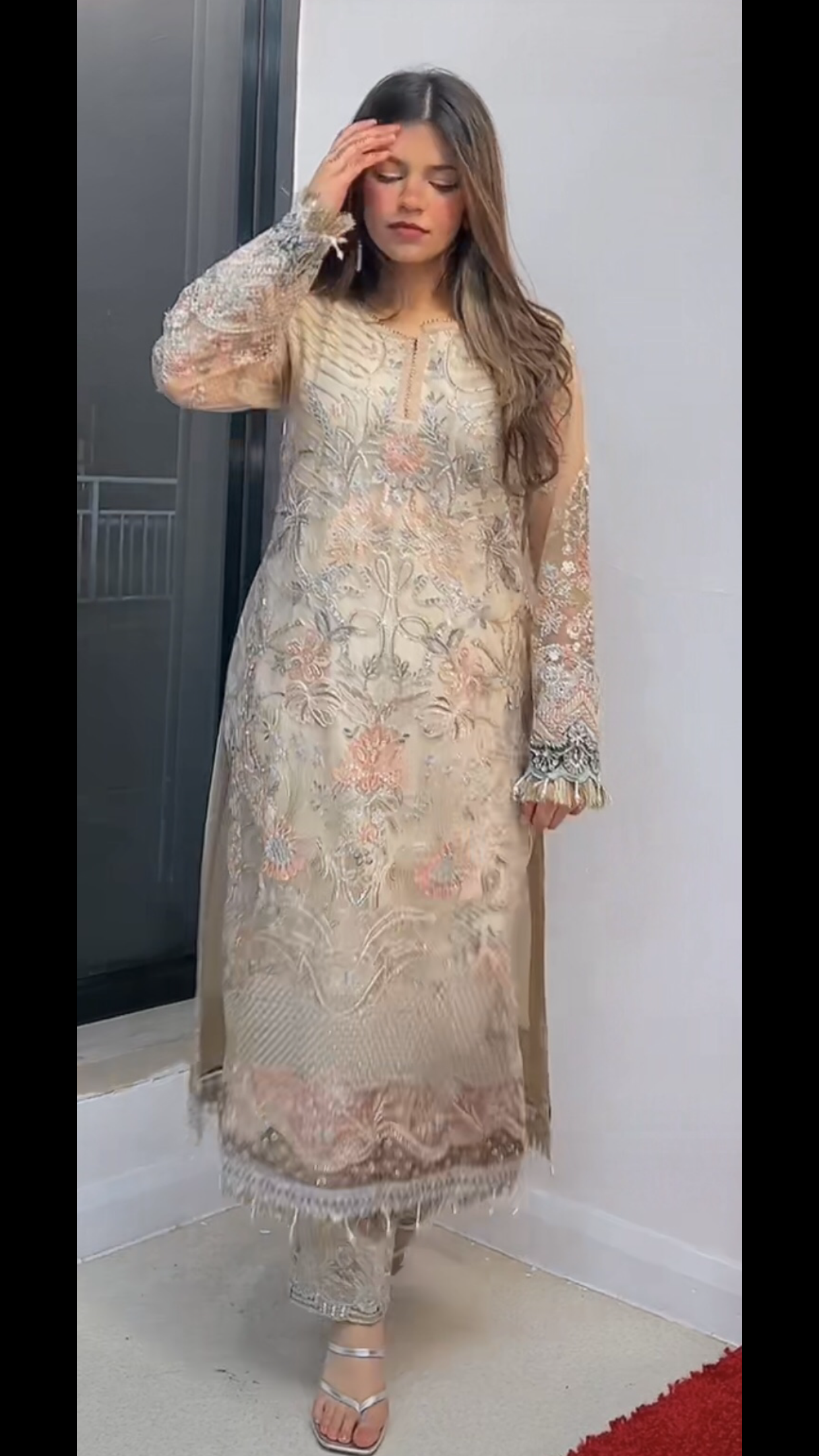 (67) Pakistani Pink & Cream Embroidered Chiffon Suit with Contrasting Dupatta