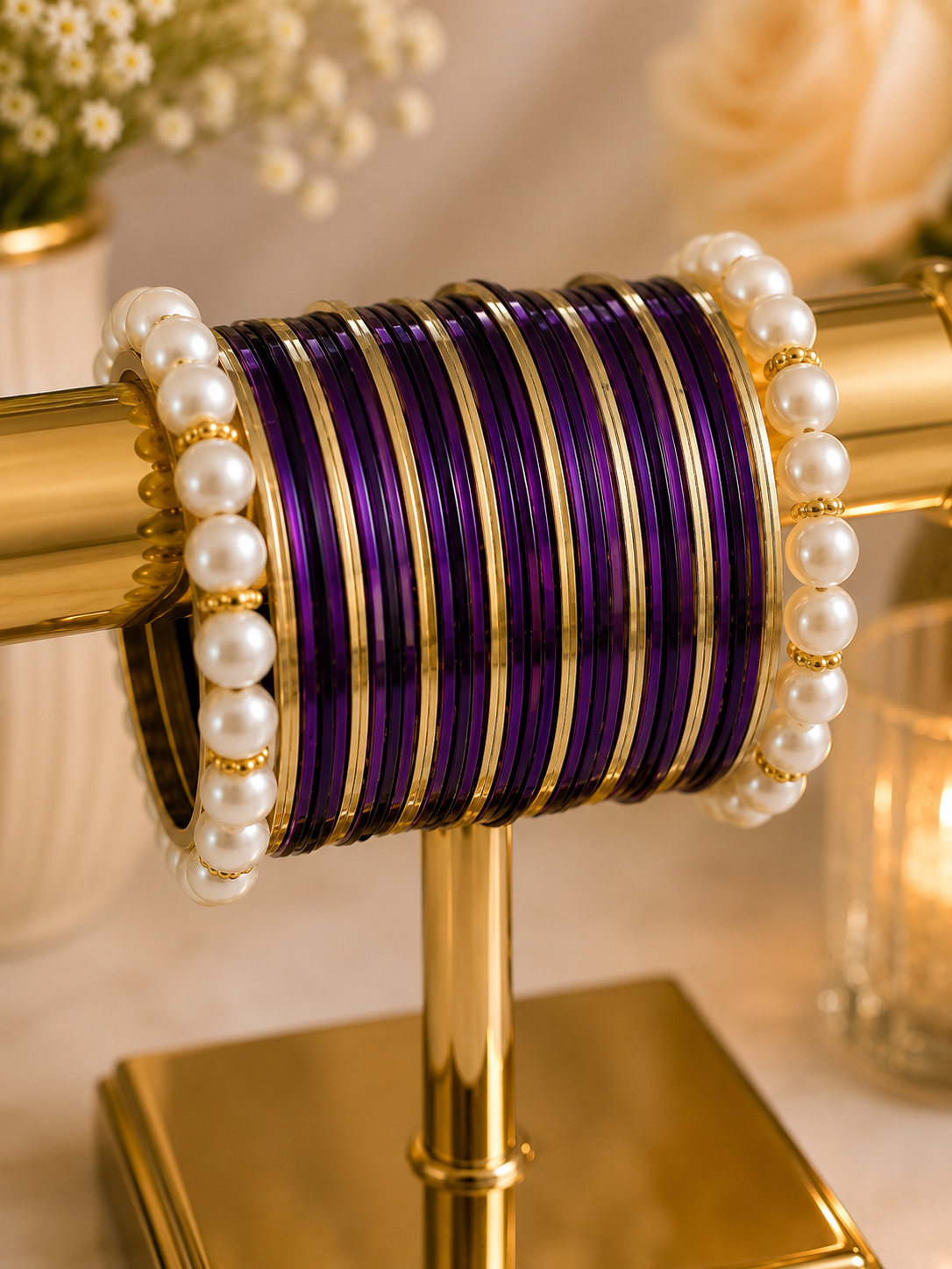 (B9) Elegant purple and gold bangle set featuring delicate pearl detailing for a luxurious finish. Perfect for weddings, Eid, parties and special occasions, adding a beautiful touch of traditional glamour to any outfit size 2.4