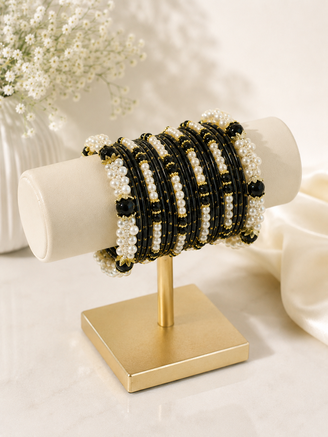 (B4) Elegant black bangle set featuring delicate gold detailing, lustrous pearl accents and statement black beads. A beautiful traditional accessory, perfect for weddings, Eid and special occasions size 2.4