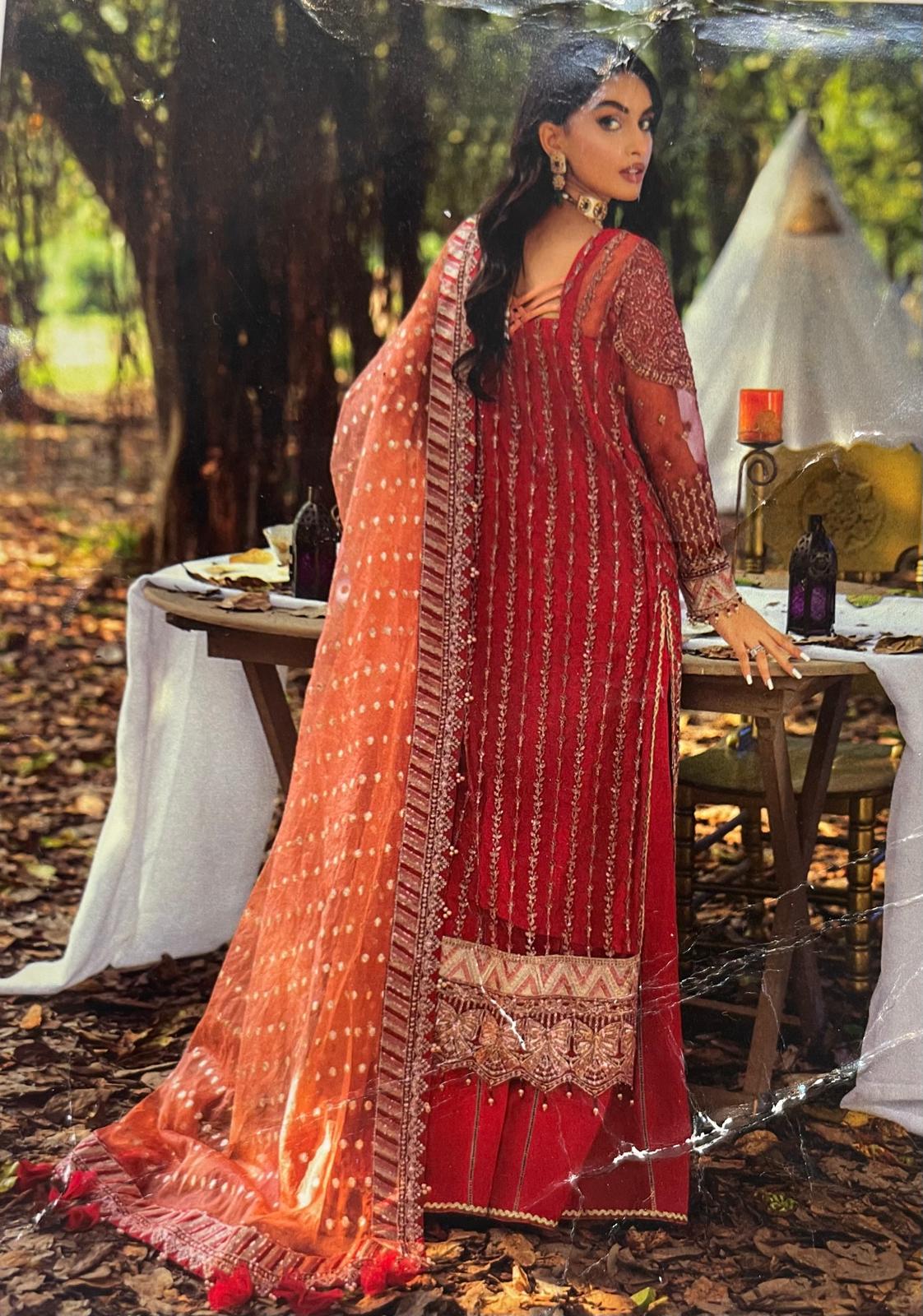 (58) Stunning Pakistani Embroidered Organza Suit in Deep Red &Diamante & Pearls