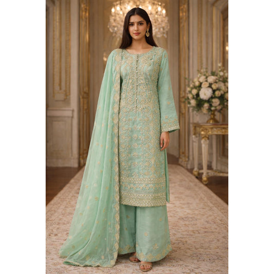 (93) Pakistani Light Green Ready to Wear Chiffon Palazzo Suit with Gold Thread and Diamante Detailing