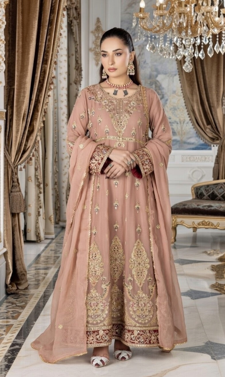 (106) Mocha Crinkle Chiffon Anarkali | Gold Embroidery & Diamante Work