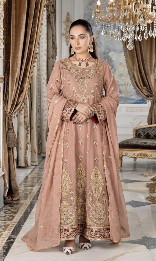 (106) Elegant Pakistani mocha Crinkle Chiffon Long anarkali 3-Piece Suit with Gold Diamante Accents and Fine Gold Thread Embroidery