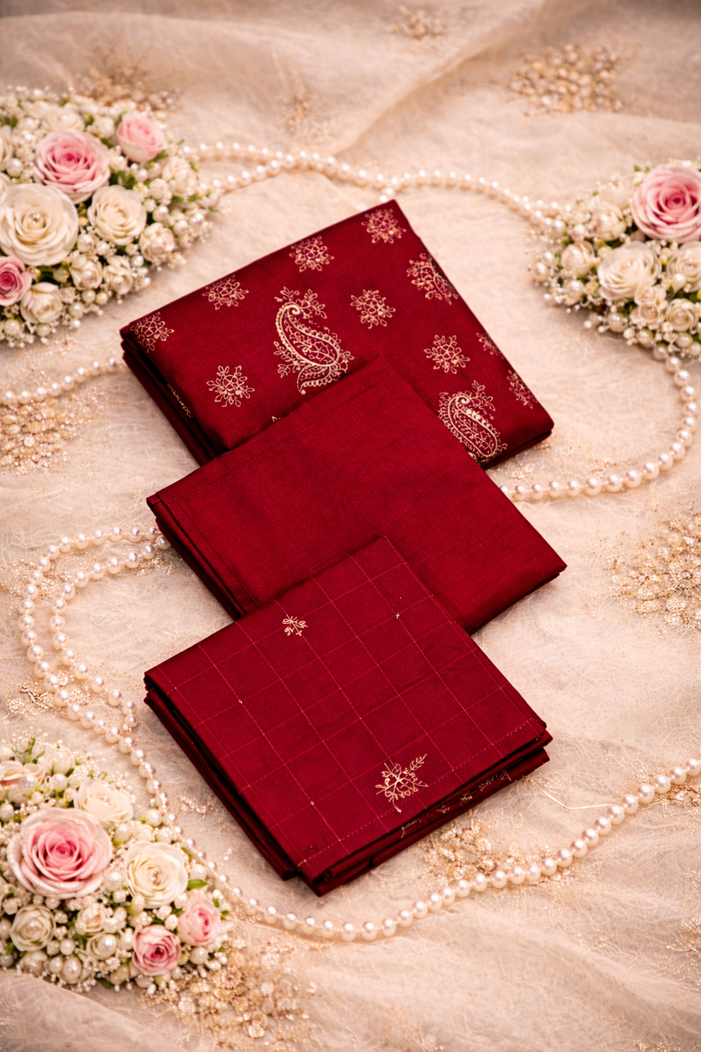 (169) Pakistan Deep Red 3-Piece Dhanak Sequined Unstitched Suit