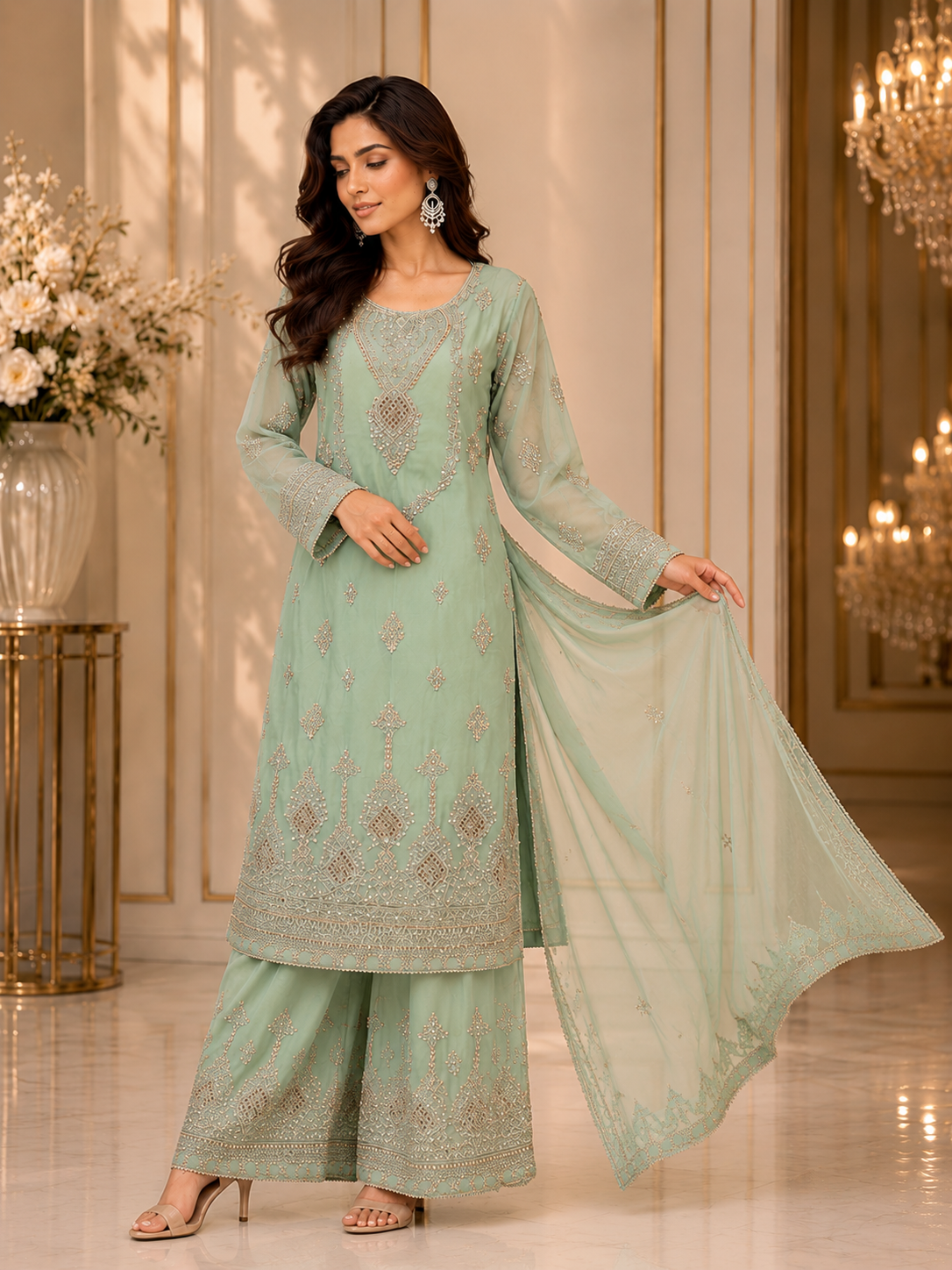 (279) Elegant Chiffon Palazzo Suit | Pearl & Diamante Gold Embroidery