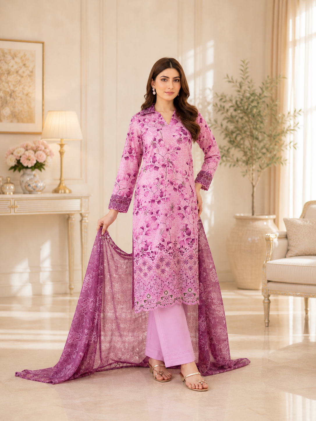 (131) Tawakkal Lawn Suit | Floral Print & Embroidered Dupatta