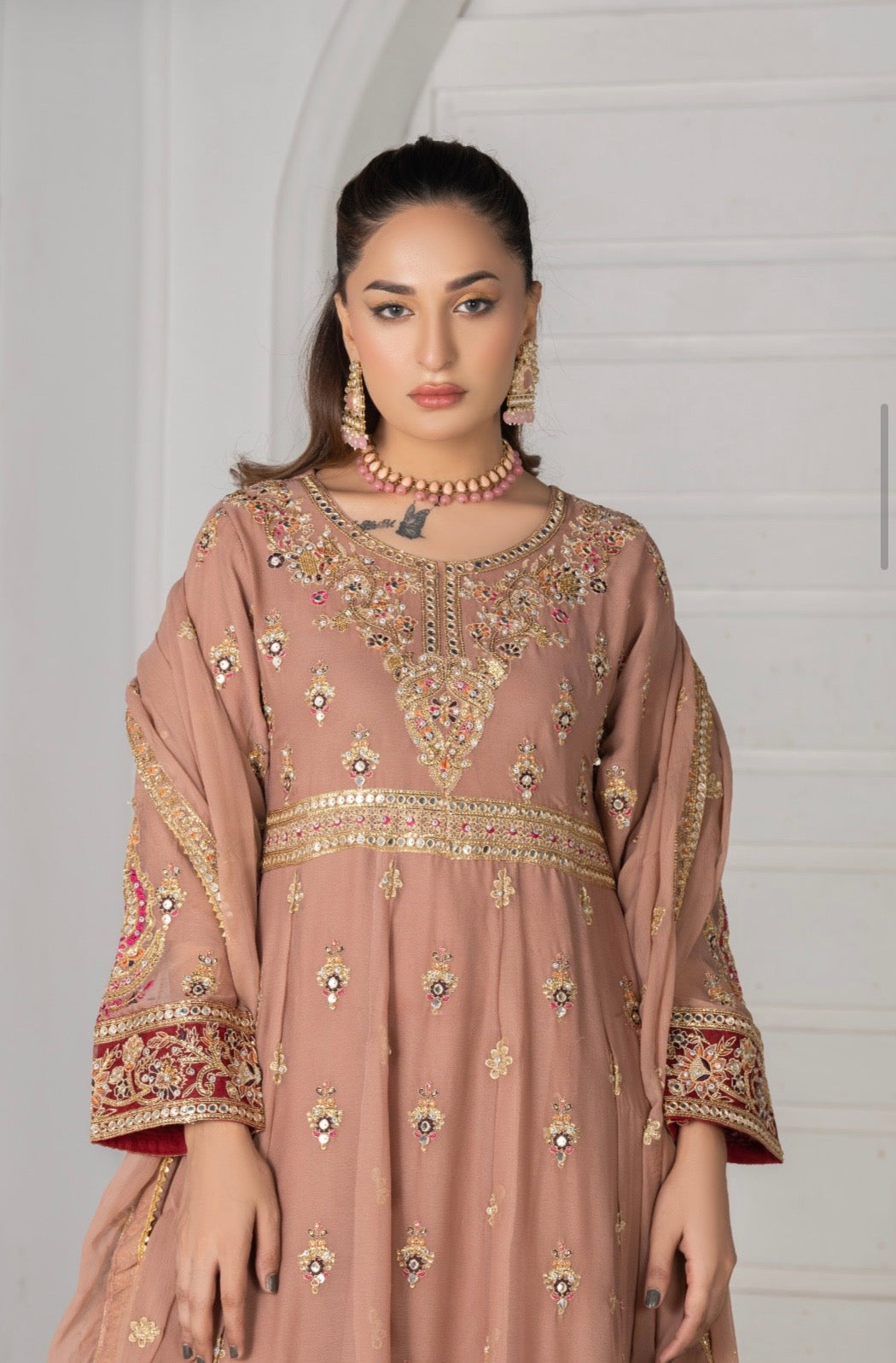 (106) Mocha Crinkle Chiffon Anarkali | Gold Embroidery & Diamante Work