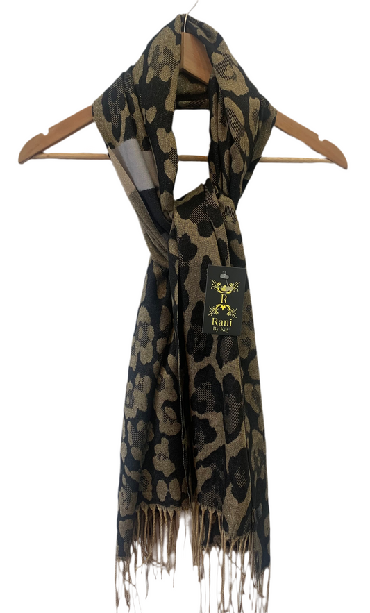 (12) Woolley leopard tassel shimmer printed winter thick scarf 27” wide length 73”