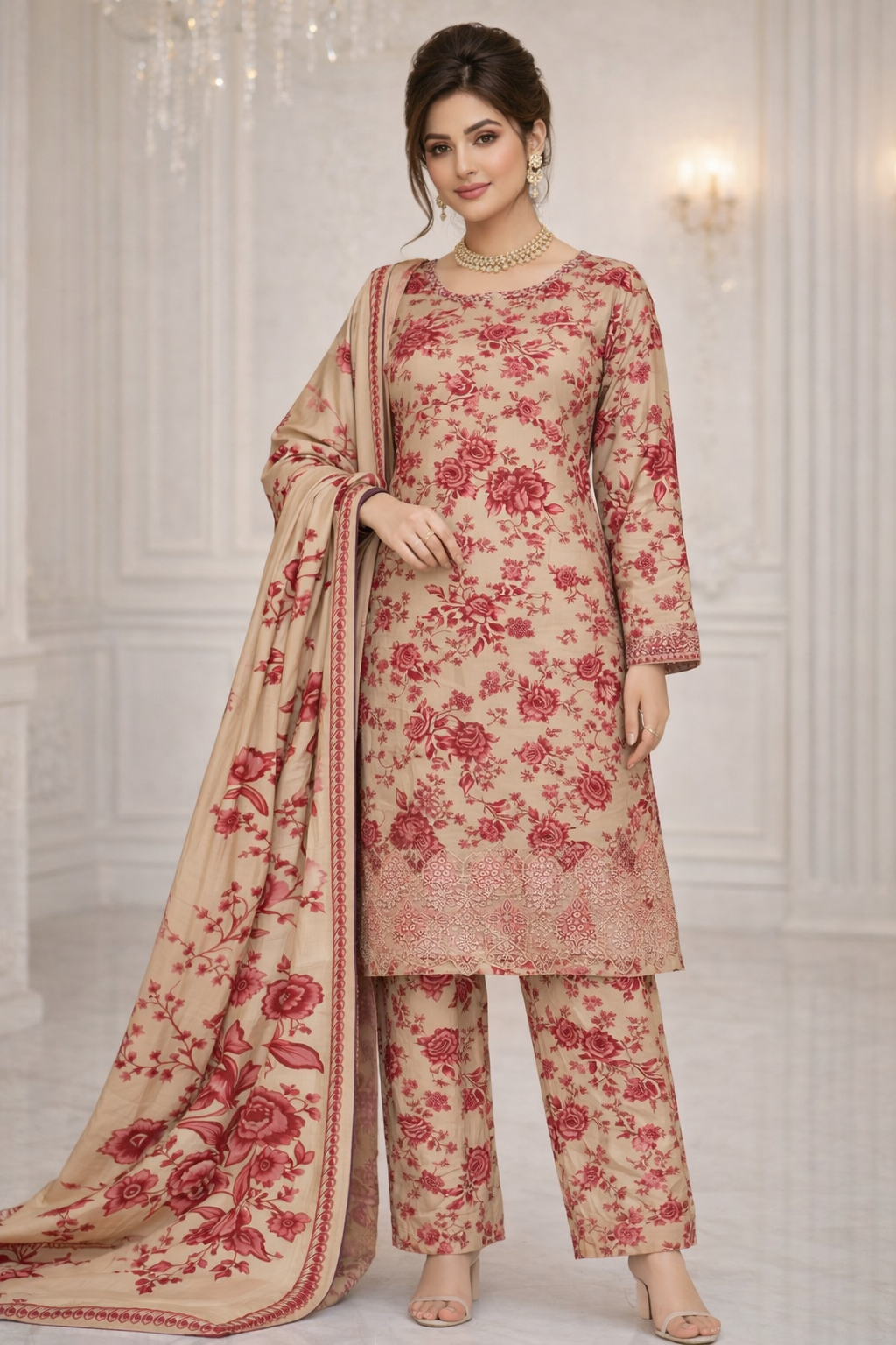 (5) Pakistani Linen Floral Printed Suit with Embroidered Matching Linen Dupatta
