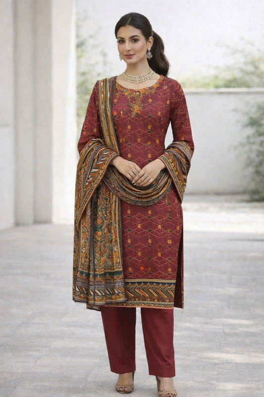 (230) Bin Saeed Printed Khaddar Gold Thread Embroidered Ready-to-Wear Suit