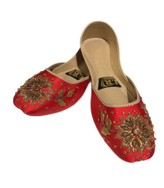 (S2) Handmade Satin Khusa – Gold Embroidered Punjabi Jutti with Soft Foam Comfort