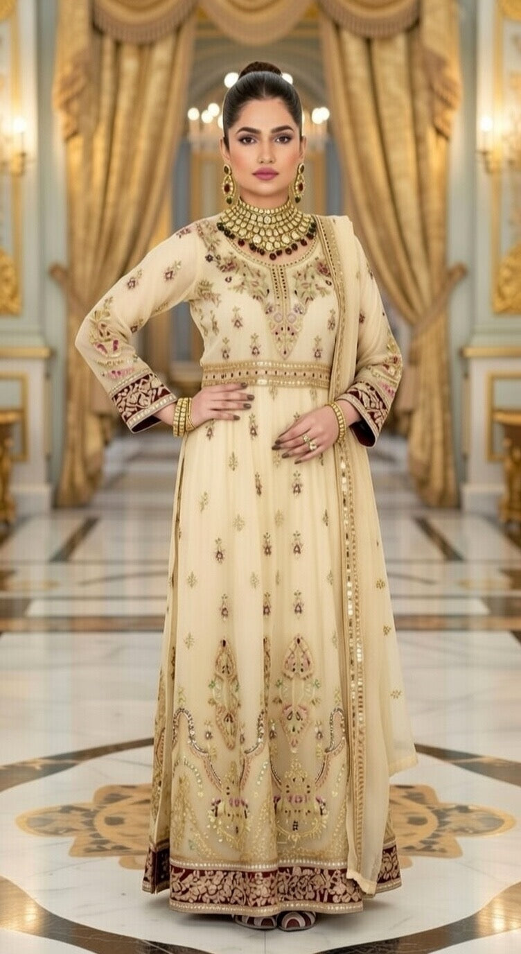 (107) Elegant Pakistani beige Crinkle Chiffon Long anarkali 3-Piece Suit with Gold Diamante Accents and Fine Gold Thread Embroidery
