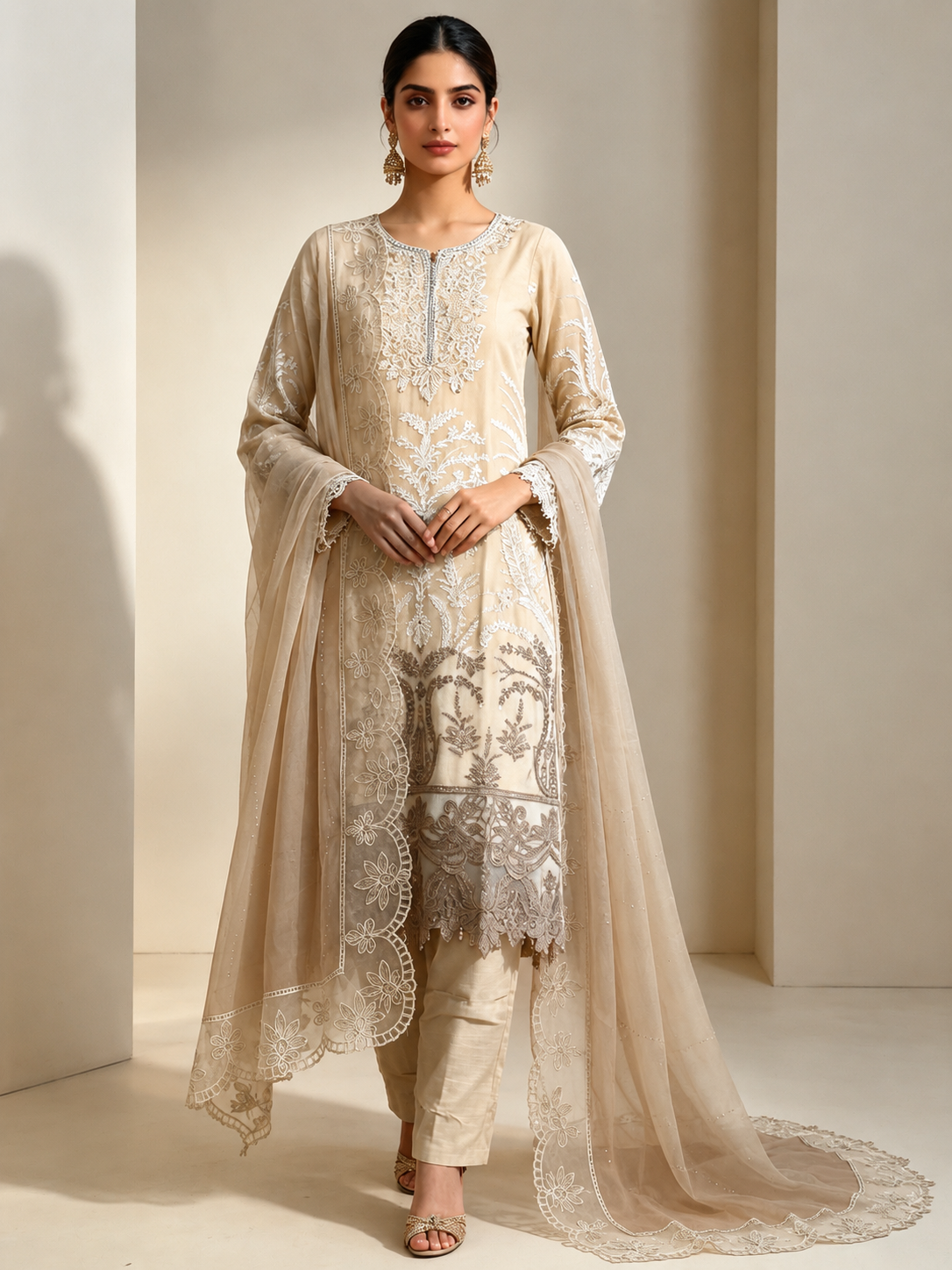 (139) Maria b chiffons inspired lace beaded diamonte neck floral chiffon kameez chiffon duppatta ready to wear