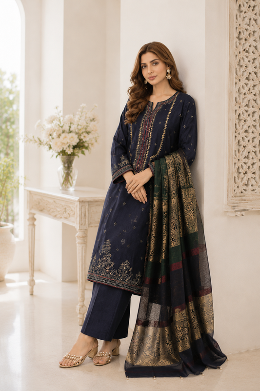 (234) Dhanak Embroidered Ready-Made Suit with Shawl – Elegant & Timeless