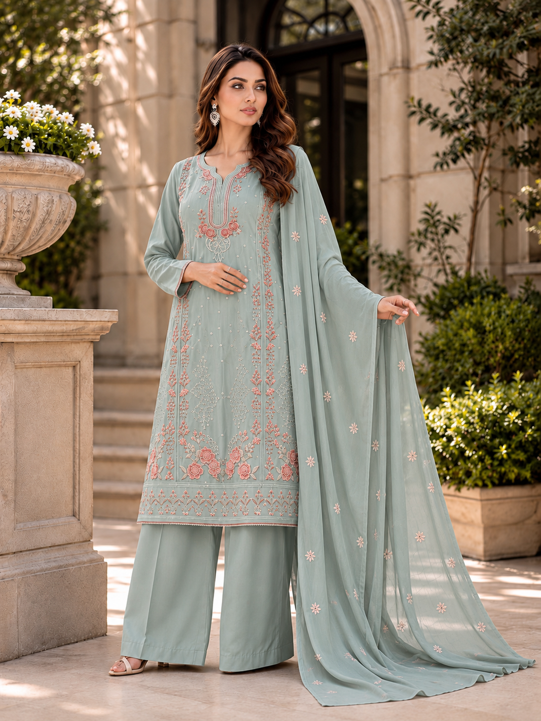 (359) Abeeha light green Viscose Floral Embroidered Suit 
A beautiful blend of comfort and elegance, soft viscose kameez with delicate floral embroidery, paired with a stunning Bamber dupatta